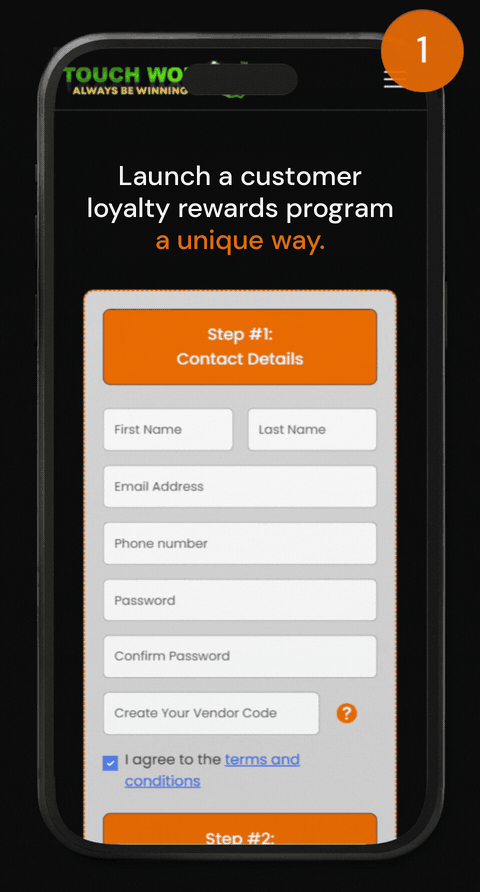 Touch Won sign-up form on a phone
