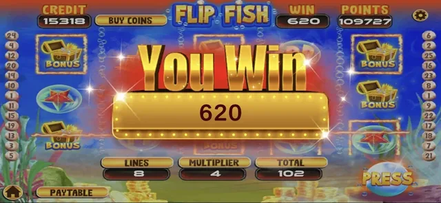 Flip Fish slot game in the Touch Won app showing a 620 win