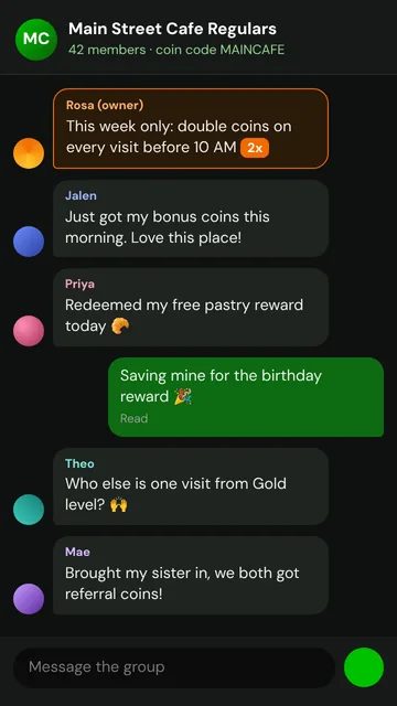 Group chat of regulars celebrating rewards from a local cafe coin