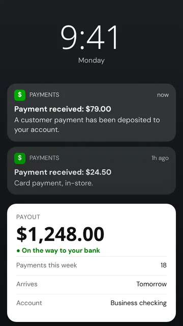 Payment received notification for $79.00 and a payout card